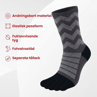 Andningsbart material, elastisk passform, fuktavvisande tyg, fotvalvsstöd, separata tåfack