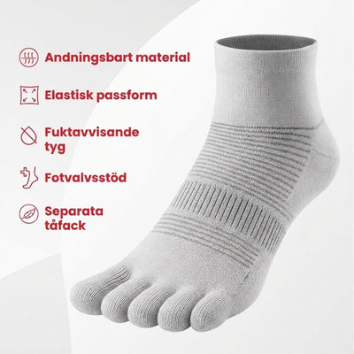 Andningsbart material, elastisk passform, fuktavvisande tyg, fotvalvsstöd, separata tåfack