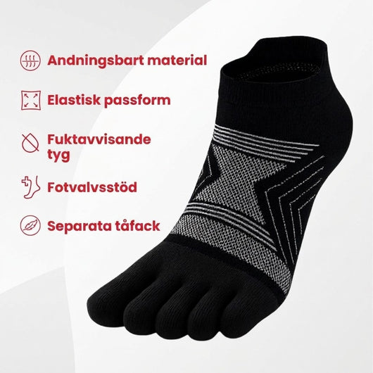 Andningsbart material, elastisk passform, fuktavvisande tyg, fotvalvsstöd, separata tåfack