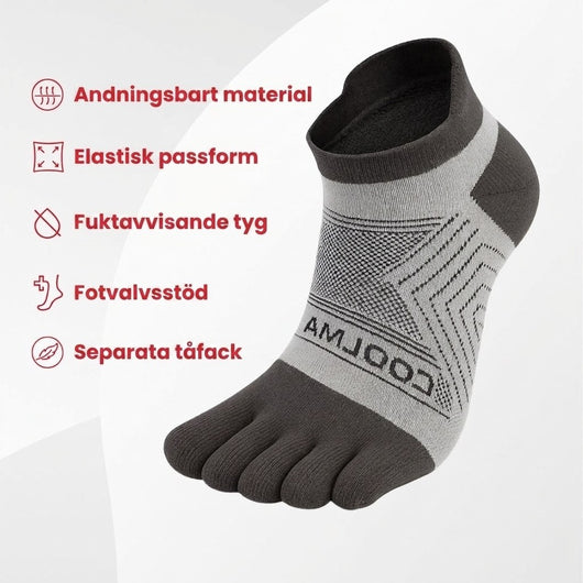 Andningsbart material, elastisk passform, fuktavvisande tyg, fotvalvsstöd, separata tåfack